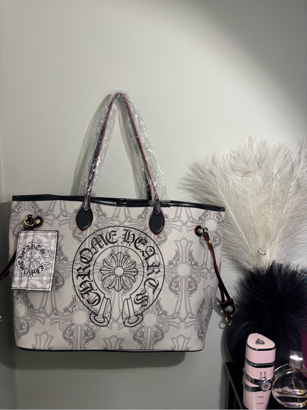 White Graphic cross Tote Bag with Black Trim